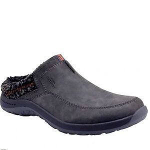 Earth Origins DAXTON Gray Leather Fleece Edge Plaid Lined Slip On Clog Shoes